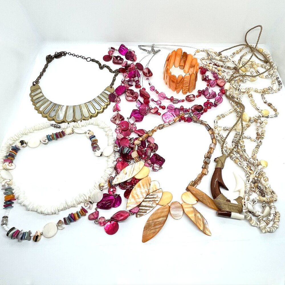 VINTAGE SHELL BIB ZAD Necklace Lot Natural Pink Orange White Boho Beach Jewelry
